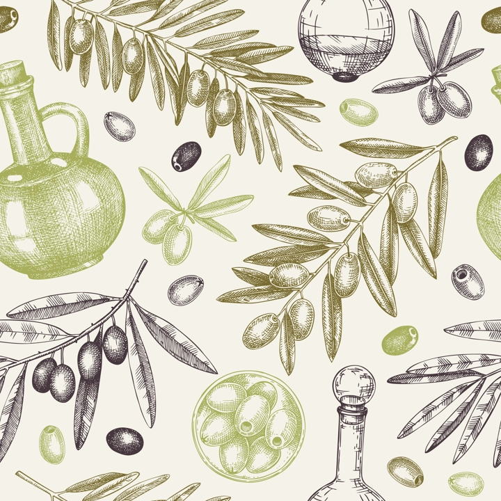 Olive oil seamless pattern. Olive tree branches background in retro style. Food design. Hand-drawn vector illustration. NOT AI generated.